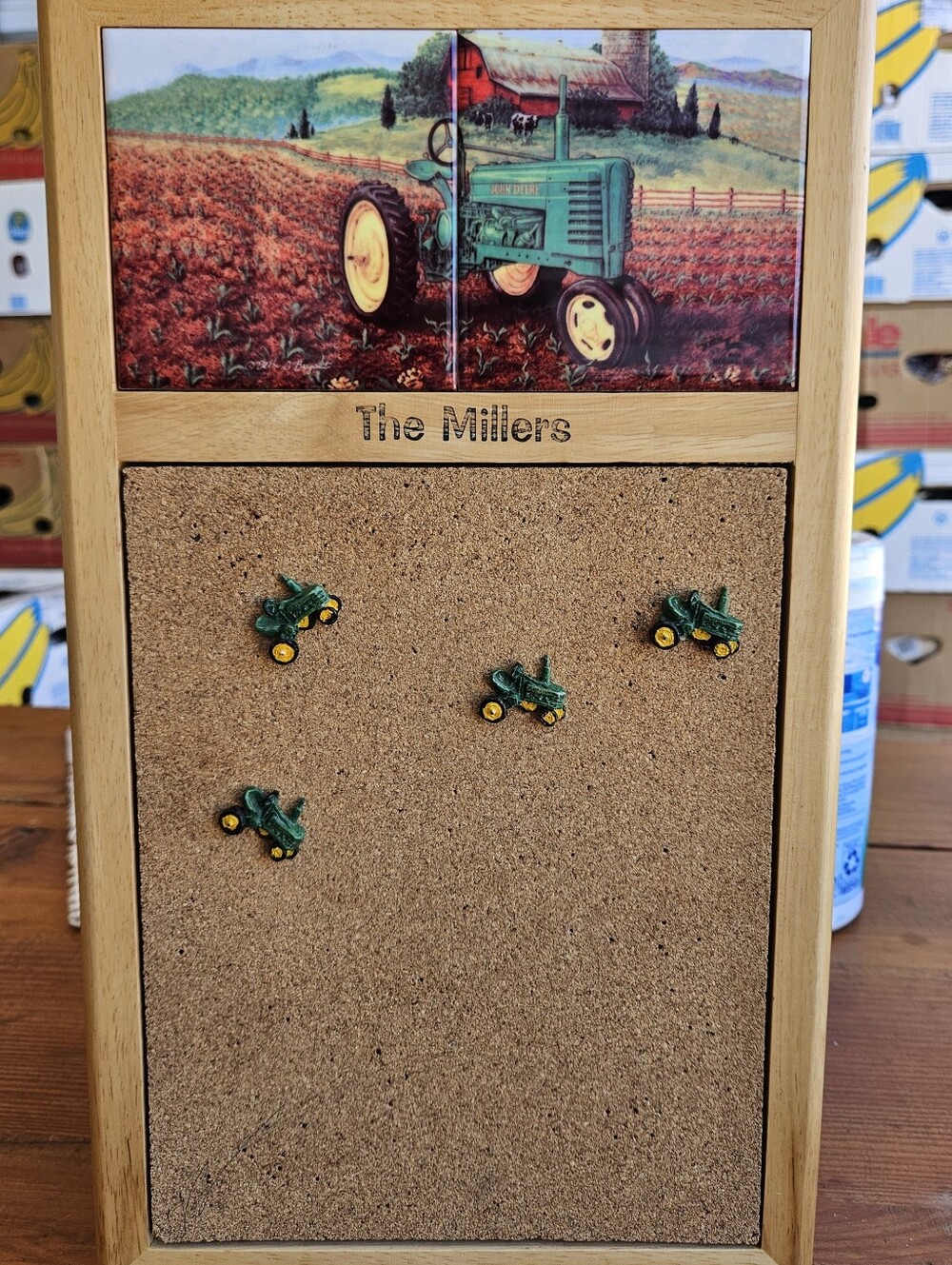 John Deere Bulletin Board W/ Cork 4 Tractor Pins